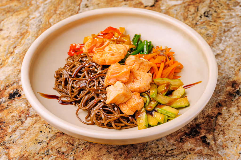 Hot smoked salmon soba noodle bowl